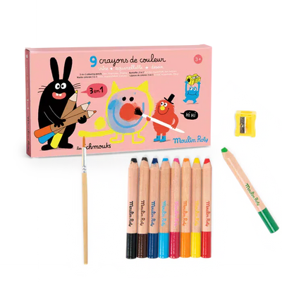 Moulin Roty 9 Crayons De Couleur 3 en 1