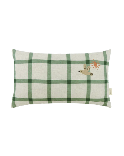 Nobodinoz Rectangular Cushion M Green Windowpane Bird