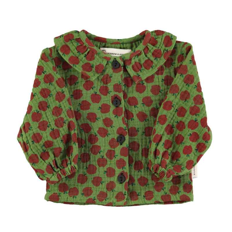 Piupiuchick Baby blouse w/ round collar Olive Green w/ red apples