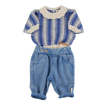 Piupiuchick Baby Knitted Blouse With Collar Ecru & Blue