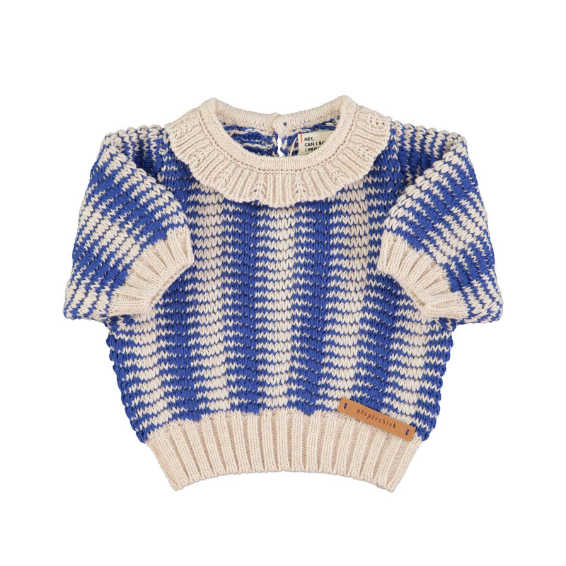 Piupiuchick Baby Knitted Blouse With Collar Ecru & Blue