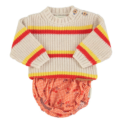 Piupiuchick Baby Knitted Sweater Ecru With Yellow & Red Stripes