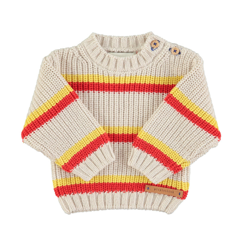 Piupiuchick Baby Knitted Sweater Ecru With Yellow & Red Stripes