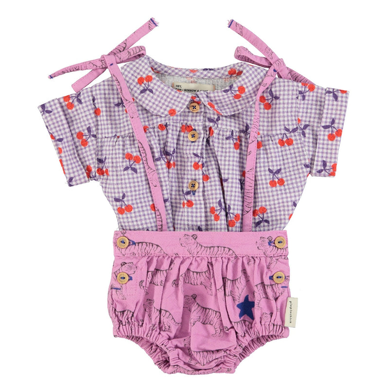 Piupiuchick Baby Peter Pan Collar Shirt Purple/White Checkered With Cherries