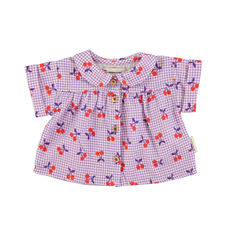 Piupiuchick Baby Peter Pan Collar Shirt Purple/White Checkered With Cherries