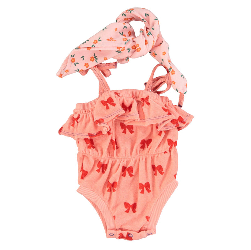 Piupiuchick Baby Playsuit Pink With Red Bows