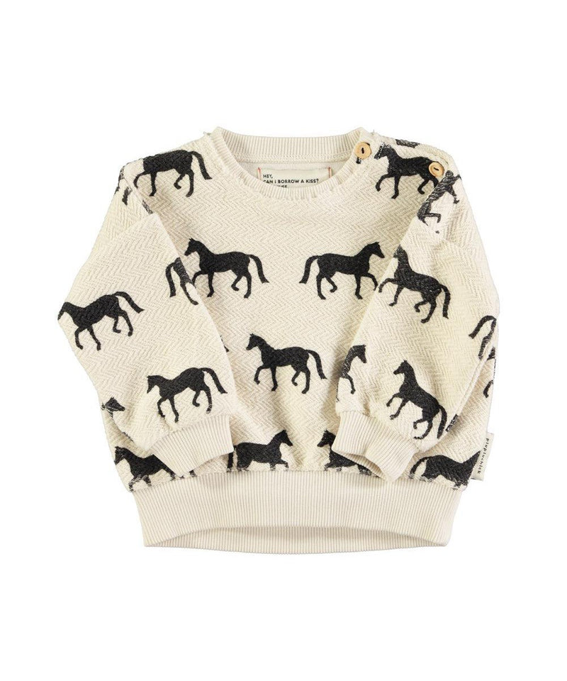 Piupiuchick Baby Sweatshirt Black Horses Ecru