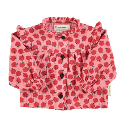 Piupiuchick Blouse w/ frills on shoulders | Light pink w/ red apples