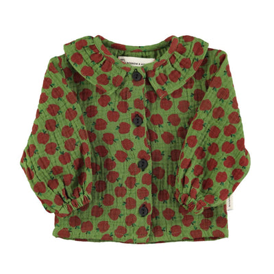 Piupiuchick blouse w/ round collar Olive Green w/ red apples