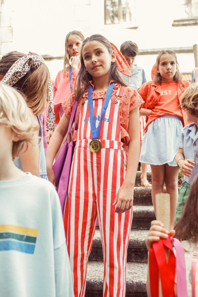 Piupiuchick Dungarees White/Red Stripes With Eighties Print