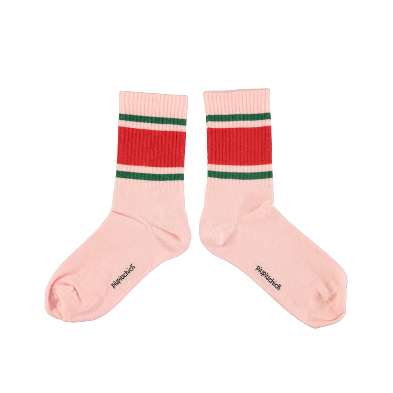 Piupiuchick Socks Pink With Red & Green Stripes