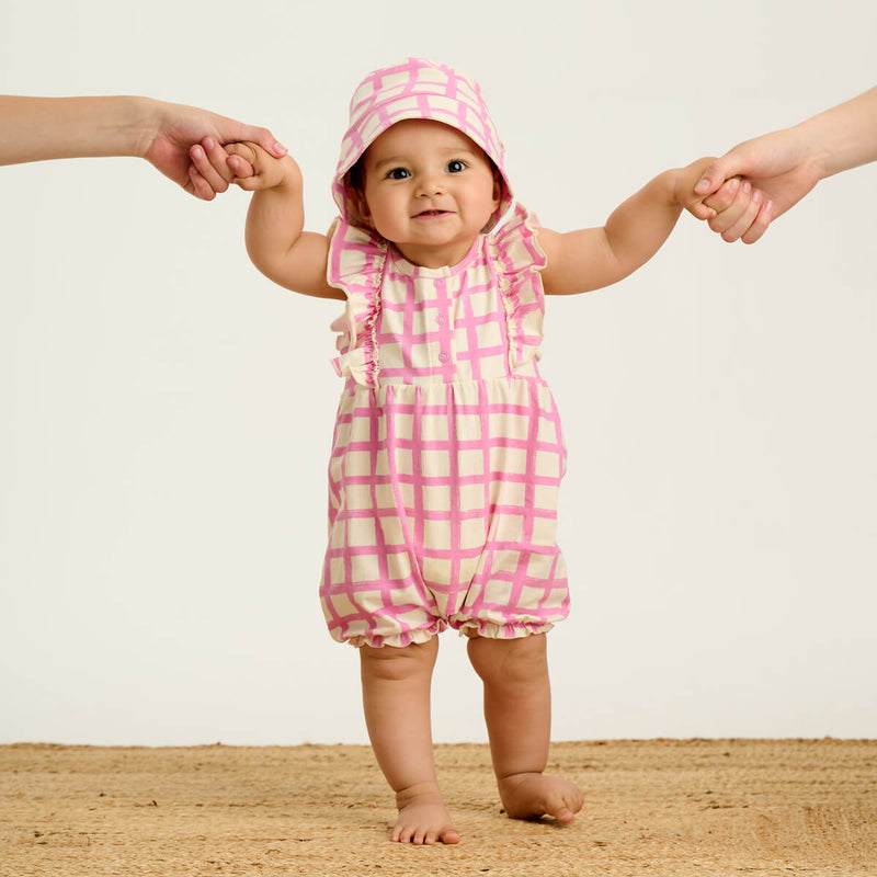 The Bonnie Mob Baby Sundae Frill Bubble Romper Pink Checker