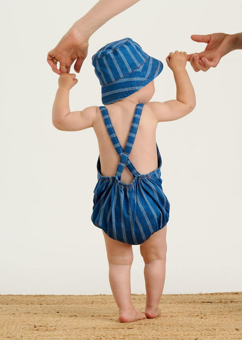 The Bonnie Mob Mallorca Bubble Romper Pinstripe Denim