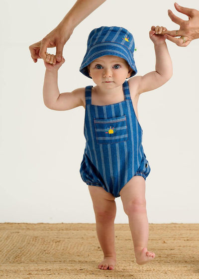 The Bonnie Mob Mallorca Bubble Romper Pinstripe Denim