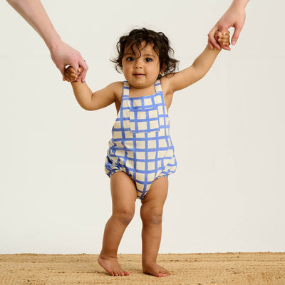 The Bonnie Mob Scooter Bubble Romper Blue Checker